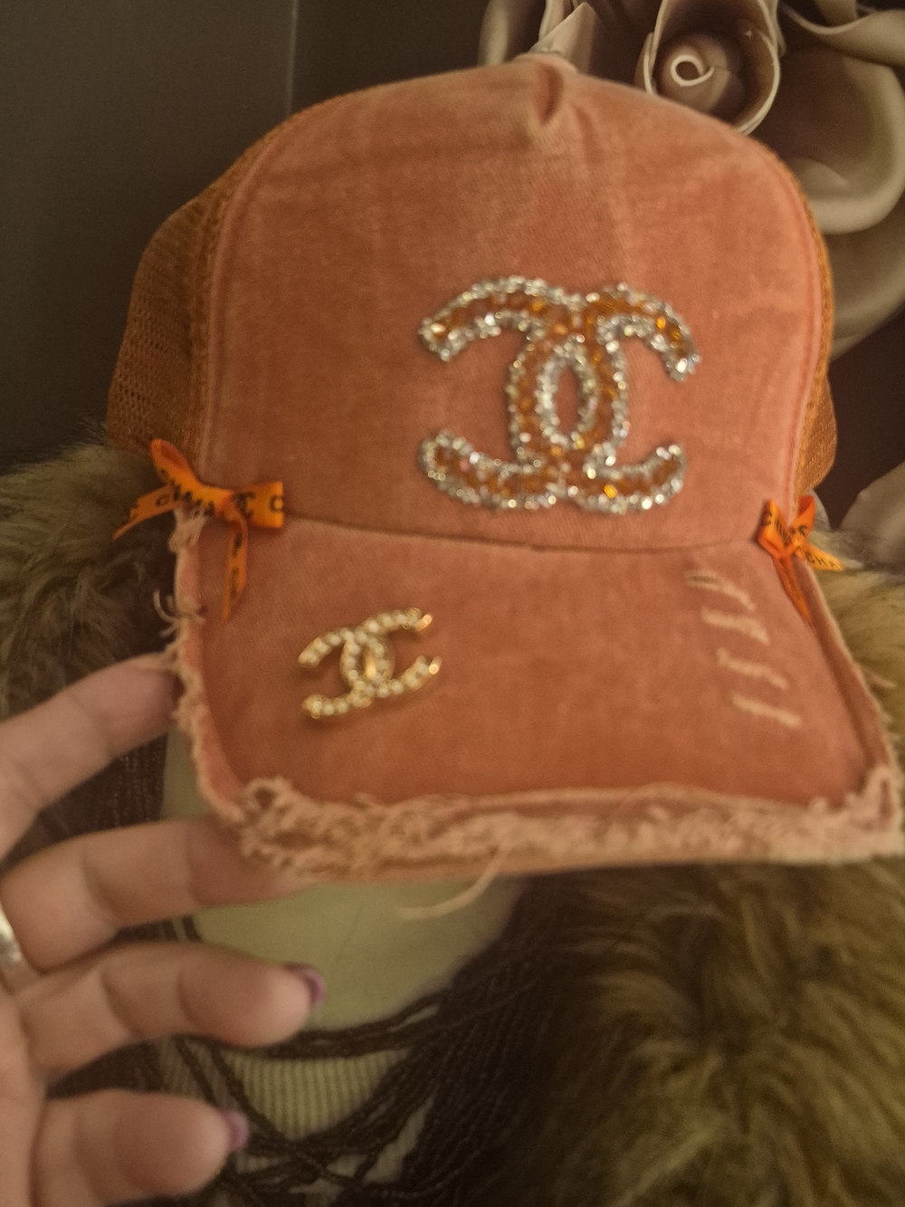Crystal Logo Orange Distressed Trucker Cap